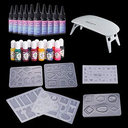 10pcs Clear UV Resin + 6 Silicone Molds + Mini UV Lamp + Liquid Pigment, New Formula UV Resin with 6 Earrings Pendants Molds with Solid Colour Liquid Pigment Dyes for Jewelry Making, Resin Crafts DIY