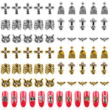 60 Pcs 3D Halloween Nail Art Charms Skull with Rhinestones, TOROKOM Owl Cross Ghost Bat Alloy Nail Art Jewelry Decoration Halloween Nail Glitters for DIY Nail Tip Crafts (Gold & Siliver)