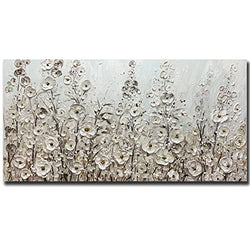 Yotree 24x48 Inch Wall Art Hand-Painted Framed White Flowers Oil Painting On Canvas Gallery Wrapped Modern Floral Artwork for Living Room Bedroom Décor Ready to Hang