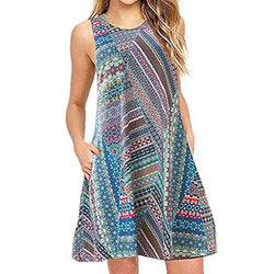 Women's Summer Casual Sleeveless Sundress Floral Loose A-Line Swing Mini Tunic Dress with Pocket(Blue,XL)