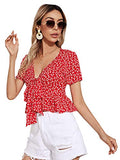 Romwe Women's Allover Print Short Sleeve Tie Knot Front Ruffle Peplum Crop Tops Blouse Red M