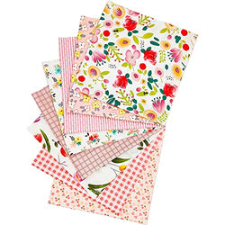 Qimicody Fat Quarters Fabric Bundles, 8 Pcs 100% Cotton 20” x 20” (50cmx50cm) Precut Quilting Fabric Squares Sheets for DIY Patchwork Sewing Quilting Crafting, No Repeat Design (Pink Flower Pattern)