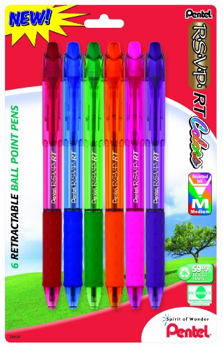 Pentel R.S.V.P. RT Colors New Retractable Ballpoint Pen, Medium Line, Assorted Ink Colors, 6 Pack