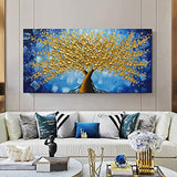 MUWU Paintings 24x48 Inch Lucky Tree Paintings 3D Abstract Paintings Golden Flower Oil Hand Painting On Canvas Wood Inside Framed Ready to Hang Wall Decoration for Living Room (Blue)