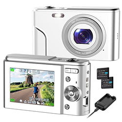 Digital Camera, RUAHETIL FHD 1080P 36MP 2.4 Inch LCD Vlogging Camera for Kids, 16X Zoom 2 Charging Modes Kids Compact Camera Point and Shoot Camera for Kids Teens Students（Silver White）