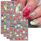 JMEOWIO 3D Embossed Fruit Strawberry Lemon Nail Art Stickers Decals Self-Adhesive Pegatinas Uñas 5D Spring Summer Nail Supplies Nail Art Design Decoration Accessories 4 Sheets