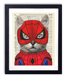 Spider Cat, Superhero Kids Bedroom Wall Decor, Vintage Wall Art Upcycled Dictionary Art Print Poster For Kids Room Decor 8x10 inches, Unframed