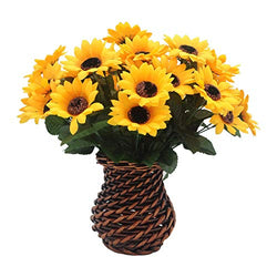 Velener Artificial Silk Sunflower with Rattan Vase Daisy Arrangement for Home Decor (6 Bunches)