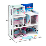 Costzon Kids Wooden Play Dollhouse, 3 Story Multifunction Doll Cottage with Balcony, Stairs, Living Room, Bathroom and Kitchen, Best Toy for Kids Boys Girls to Simulate Life