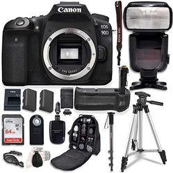 Canon EOS 90D Digital SLR Camera Bundle (Body Only) with Battery Grip & Professional Accessory Bundle (15 Items)
