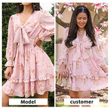 EXLURA Women Tie Front Elastic Waist Tiered Ruffle Layer Floral Balloon Long Sleeve V-Neck A-Line Mini Dress Pink