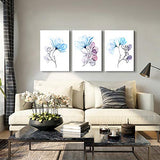 Modern blue flowers Canvas Wall Art for bedroom Living Room,Bathroom Wall Decor,3 Panels Wall Painting Home Decoration kitchen Canvas Print Abstract watercolor flowers and leaves artwork wall mural
