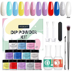AZUREBEAUTY Dip Powder Nail Kit Starter, 12 Pastel Color Nail Dip Powder Kit Essential System Liquid Set with 0.5oz 2 in 1 Base Top Coat and Activator for DIY Dip Manicure Tools Kit