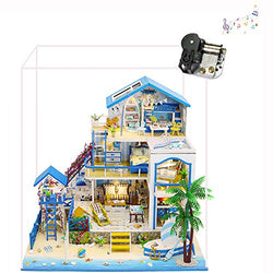 XLZSP DIY Dollhouse Miniature Kit with Dust Cover and Led Lights Seaside Villa Dolls House Furniture 3D Wooden Model Hand Craft Creative Room Puzzle Toy Birthday Gift for Children Parents