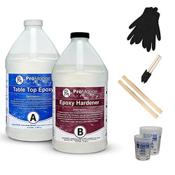 Pro Marine Supplies Crystal Clear Table Top Epoxy Resin & Hardener (2-Part 1 Gallon Combined Kit) with Cups, Brushes, Gloves, Sticks | UV-Resistant Gloss Coating for DIY Bar, Countertops, Woodworking