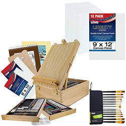 U.S. Art Supply 122 Piece Wood Box Easel Painting Set - Oil, Acrylic, Watercolor Paint Colors and Painting Brushes, Oil Artist Pastels, Pencils - Watercolor, Sketch Paper Pads - Canvas, Palette Knives