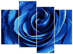 Wieco Art Blue Rose with Dew Canvas Wall Art Abstract Romantic Flower Pictures Paintings Wall Art for Living Room Bedroom Decorations Wall Decor Large 4 Panels Modern Canvas Prints Artwork