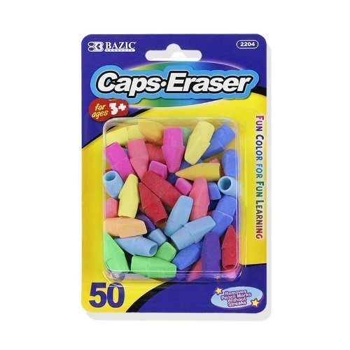 Bazic Pencil Top Erasers, Assorted Colors, Pack of 50