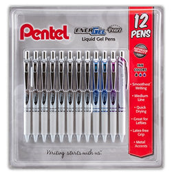 Pentel EnerGel Pearl Retractable Liquid Gel Pen, 0.7mm Black/Blue/Violet Ink, 12 Pack (BL77W12C)