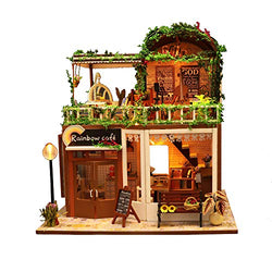 Kisoy Romantic and Cute Dollhouse Miniature DIY House Kit Creative Room Perfect DIY Gift for Friends,Lovers and Families Comes with Dust Proof Cover and Music Movement (Rainbow Cafe)