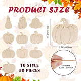 50 Pcs Thanksgiving Pumpkin Wooden Cutouts Pumpkin Wood DIY Crafts Cutouts Hanging Pumpkin Ornaments Unfinished Wood Tags for Crafts with Holes Ropes Fall Craft Supplies for Harvest Party Decoration