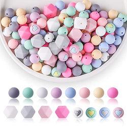 112 Pcs Silicone Beads, 15mm Round Silicone Beads and 17mm Polygonal Silicone Beads for Keychain Making, Rubber Silicone Loose Beads Bulk for Necklace Bracelet Jewelry Making DIY Crafts Making