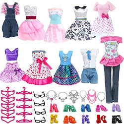 BJDBUS 40 pcs Doll Clothes and Accessories 10 Dresses Outfits, 10 Shoes, 10 Hangers, 10 Glasses and Necklace for 11.5 inch Girl Doll Clothing Set (Style A)