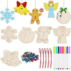Artmag 50pcs Wooden Christmas Ornaments Unfinished Wood Slices with Holes for Kids DIY Craft Centerpieces Holiday Party New Year Hanging Decorations