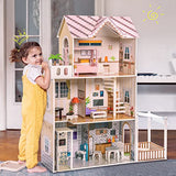 ROBOTIME Wood Dollhouse Pretend Play Doll House Toys w/Furniture, Movable Elevator, 5 Rooms, Balcony, Backyard, 13PCS, 47.44*11.81*40.94in, Gift for Toddlers Ages 3+…