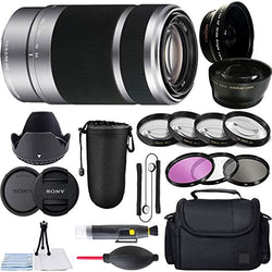 Sony E 55-210mm F4.5-6.3 OSS Lens for Alpha & E-Mount Mirrorless Digital Camera with Gadget Bag, Tulip Hood, 4X Macro Close-Up Kit, 3 Piece Filter Kit and A-Cell Accessory Bundle (Silver)