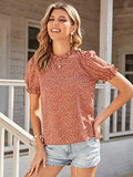 Romwe Women's Floral Print Ruffle Puff Short Sleeve Casual Blouse Tops Burnt Orange XS