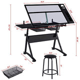 Topeakmart Height Adjustable Drafting Desk Artist Drawing Table Tilted Tabletop Art Desk Work Station w/2 Storage Drawers and Stool for Home Office