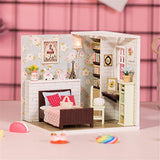 ROBOX Miniature Dollhouse DIY Kits 1/24 Scale Mini House Wooden Craft Models Miniature House Kit Pink Floral Bedroom with Furniture，Dust Cover and Led Light