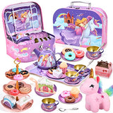 Golray 41Pcs Kids Tea Party Set for Little Girls Princess Unicorn Gift Pretend Toy Tin Tea Set & Carrying Case & Food Sweet Treats Playset, Tea Time Kitchen Pretend Play Toys Gift for Girl Age 3 4 5 6