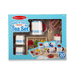 Melissa & Doug Wooden Steep & Serve Tea Set (Pretend Play, All-Wood Tea Service, Brightly Colored Tags, 12” H x 15” W x 3.5” L)