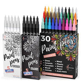 30 Acrylic Paint Markers Extra Fine Tip, 5 Acrylic Black Paint Markers and 5 Acrylic White Paint Markers, Bundle for Rock Painting, Wood, Fabric, Card, Paper, Photo Album, Ceramic & Glass