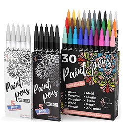 30 Acrylic Paint Markers Extra Fine Tip, 5 Acrylic Black Paint Markers and 5 Acrylic White Paint Markers, Bundle for Rock Painting, Wood, Fabric, Card, Paper, Photo Album, Ceramic & Glass