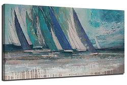 Arjun Blue Abstract Wall Art Teal Ocean Sailboat Picture Modern Turquoise Coastal Painting, Large Canvas Handmade Textured Framed Artwork for Living Room Bedroom Kitchen Home Office Wall Decor 60"x30"