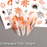 Fall Nail Art Stickers Decals Thanksgiving Nail Decorations Champagne Gold Yellow Maple Leaf Hollow Three-Dimensional 3D Self-Adhesive Black Nuts Autumn Design for Women Girls 6 Sheets (Fall 02)