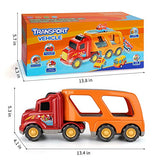 TEMI Carrier Truck Transport Car Play Vehicles Toys - 5 in 1 Friction Power Set w/ Real Siren Sound & Bright Flashing Light, Push and Go Play Vehicles Toys with Mini Cartoon Bus/Taxi/Airplane