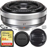 FUJIFILM XF 27mm f/2.8 Lens (Silver) (16401581) Starter Bundle – Includes: SanDisk Extreme 64GB SDXC Memory Card (UHS-I / V30 / U3 / Class-10) + Lens Cap Keeper + Microfiber Cleaning Cloth