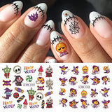 12 Sheets Halloween Nail Art Stickers Halloween Nail Water Decals Foil Transfer Gothic Skull Pumpkin Witch Clown Ghost Face Spooky Nail Sticker for Women Girls Halloween Nail Designs Accessories