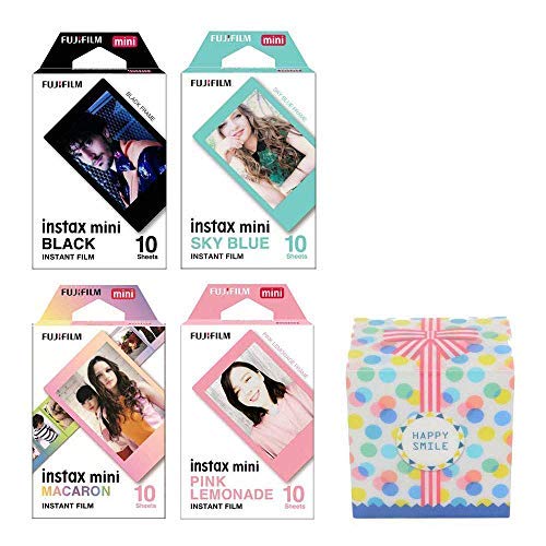 Fujifilm Instax Mini Instant 4 Film Multi-Pack, Black, Sky Blue, Macaron, Pink Lemonade, 40 Shots Total for Fuji Camera 9 8 7s 70 Original Box