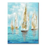 Abstract Seascape Canvas Wall Art - Hand Painted Textured White Sailboats in Ocean with Gold Foils Embellishment Artwork Painting for Living Room (30'' x 40'' x 1 Panel)