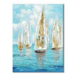 Abstract Seascape Canvas Wall Art - Hand Painted Textured White Sailboats in Ocean with Gold Foils Embellishment Artwork Painting for Living Room (30'' x 40'' x 1 Panel)