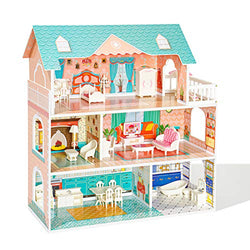 ROBUD Wooden Dollhouse for Kids Girls, Toy Gift for 3 4 5 6 Years Old, with Furniture Blue