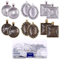 Glarks 72-Pieces Round & Oval & Square Pendant Trays with Glass Cabochon Dome Tiles Clear Cameo for
