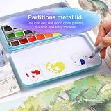 OWIN Watercolor Paint Set Solid Acrylic Professional Metal Box with a Brush Mixing Palette Half Pans Washable Portable Travel Drawing Art Supplies for Kids, Adults and Artists (Blue, 24 Colors)