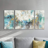 Abstract Canvas Textured Wall Art: Mixed Media Abstract Painting Teal &Gold Foil Artwork for Living Room ( 12'' x 24'' x 2 + 24' 'x 24'' )