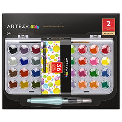 Arteza Kids Watercolor Paint, Set of 36 Vibrant Color Cakes, Includes 1 Water Brush Pen (Set of 2